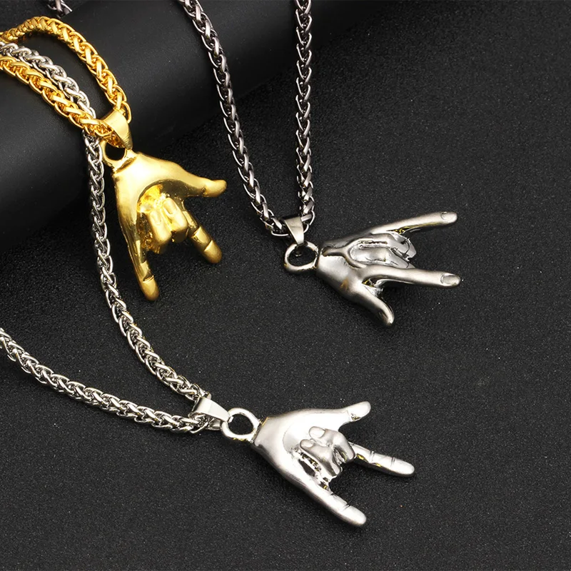 Shellhard Rock Hand Gesture Pendant Necklace I LOVE YOU Gesture Punk Rock&Roll Hand Chain Necklaces Fashion Hip Hop Jewelry