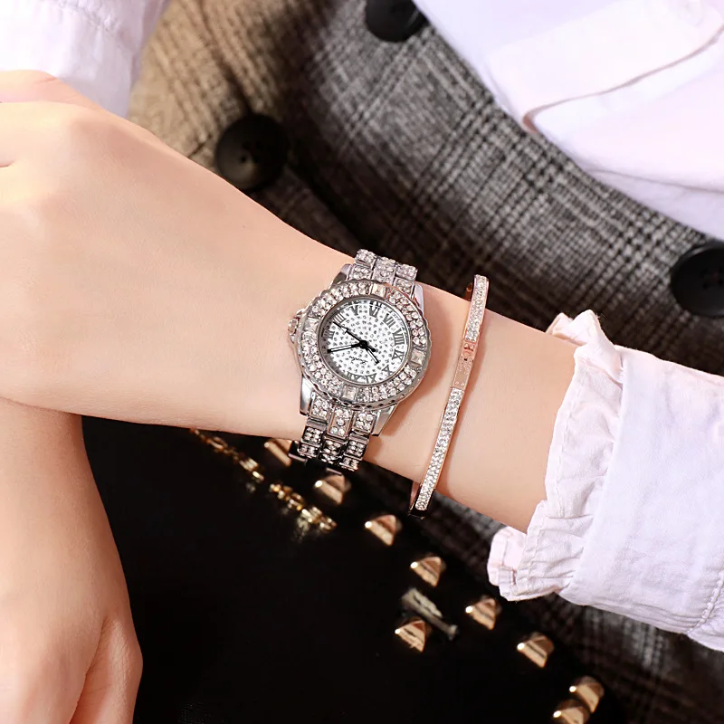 Золотые/серебряные/розовые Модные кварцевые круглые женские часы с мерцающими диоитами с ремешком на запястье