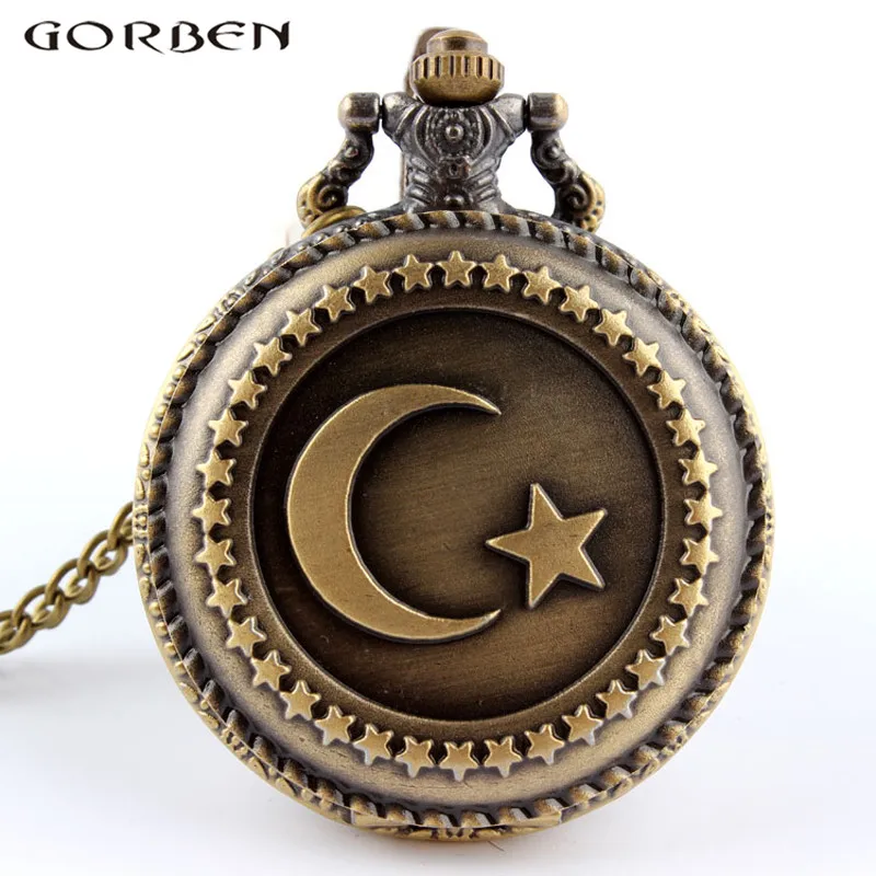 Reloj de bolsillo de cuarzo con bandera de Turquía para hombre y mujer, collar, colgante, circular, bronce, Vintage