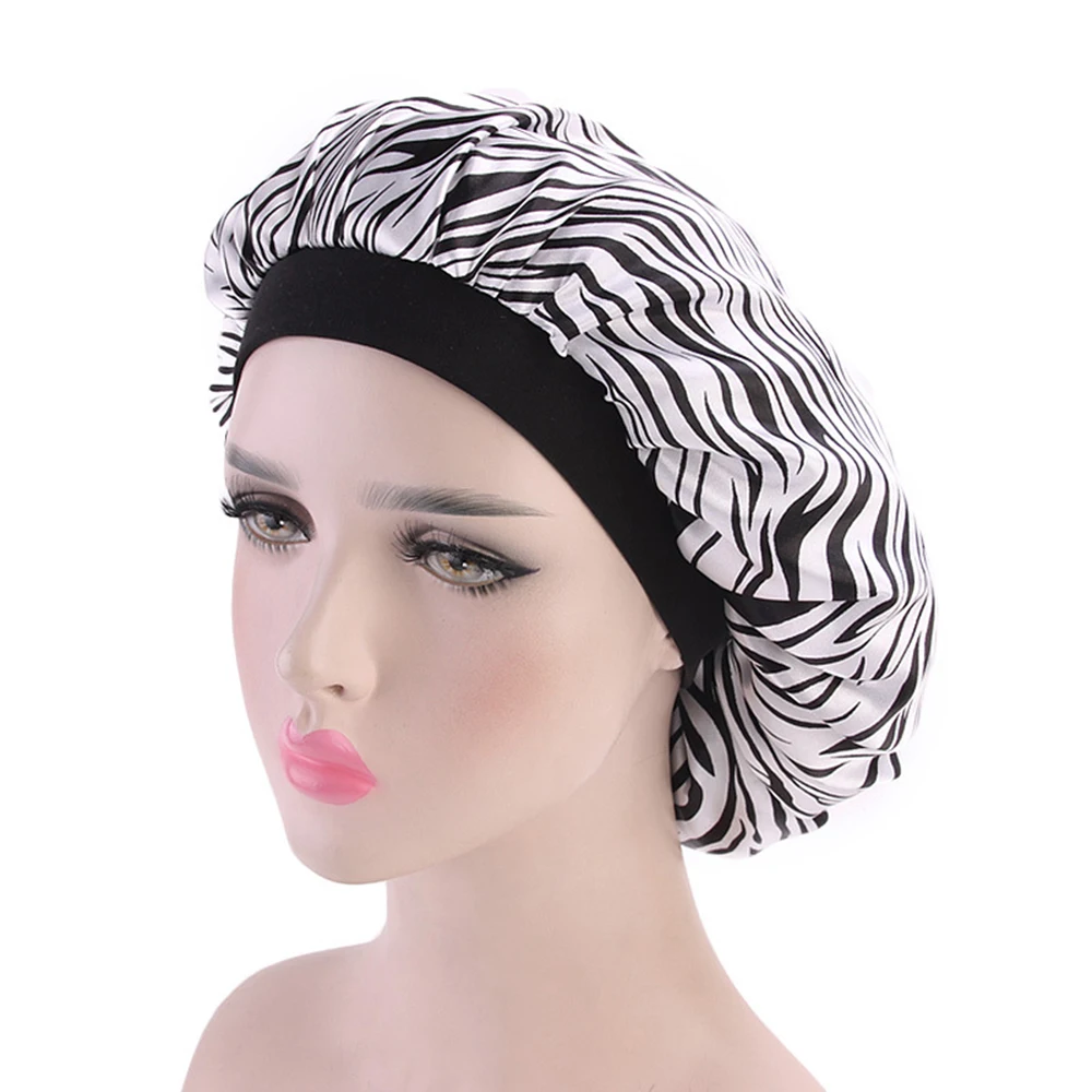 

58cm New Fashion Women Satin Night Sleep Cap Hair Bonnet Hat Shower Caps Silk Head Cover Wide Elastic Band