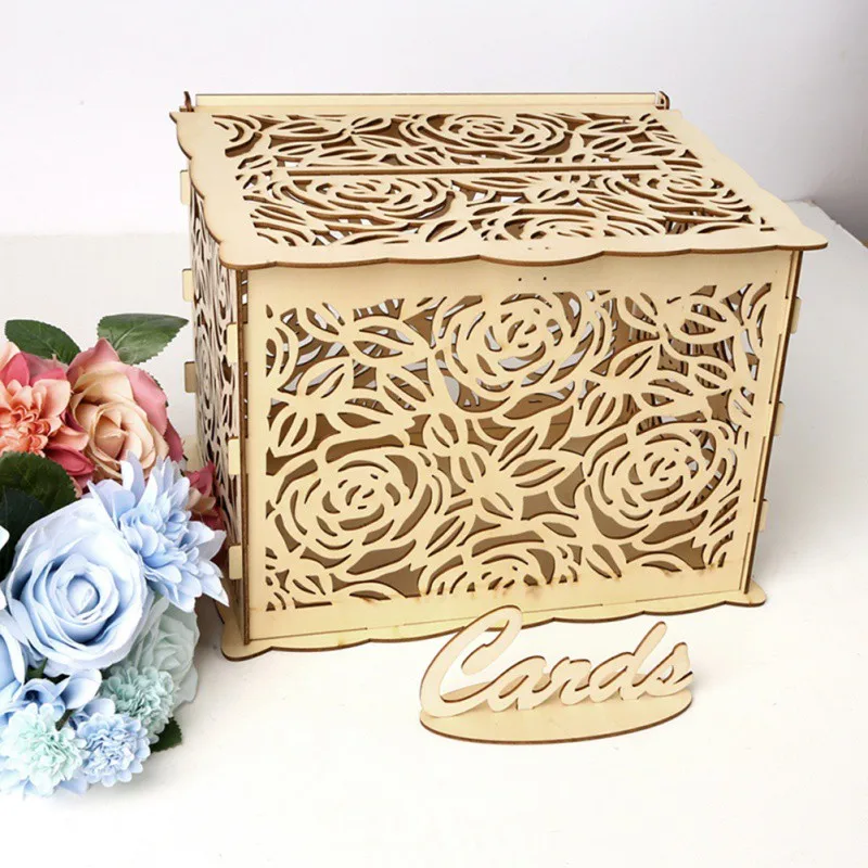 

DIY Wedding Gift Card Box with Lock Beautiful Wedding Decoration Supplies for Birthday Party Wooden Money Box