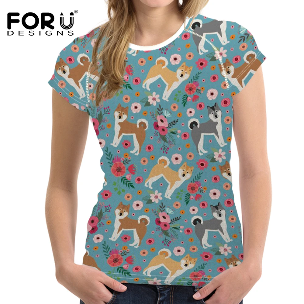 

FORUDESIGNS Women Akita Flower Printing T Shirt Female Fashion T-shirt Cartoon Pattern Kawaii Tee Shirt for Ladies Fitness Cloth