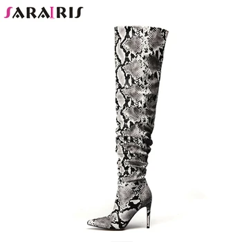 

SARAIRIS Brand New Fashion Snake Veins Thin High Heels Zip Pointed Toe Shoes Woman Casual Sexy Autumn Winter Over The Knee Boots