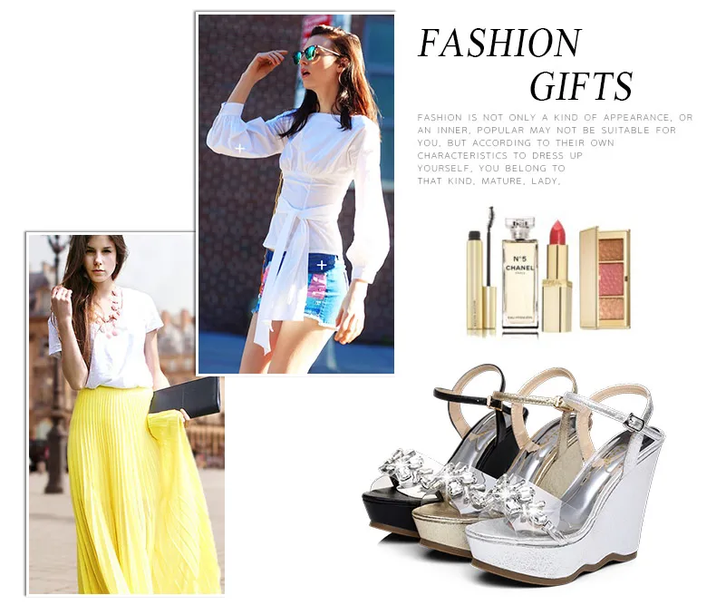 2_2016 New Gold Platform Wedges Sandals Female Summer Sandal Silver Heels Rhinestone Buckle Transparent Casual Shoes For Woman