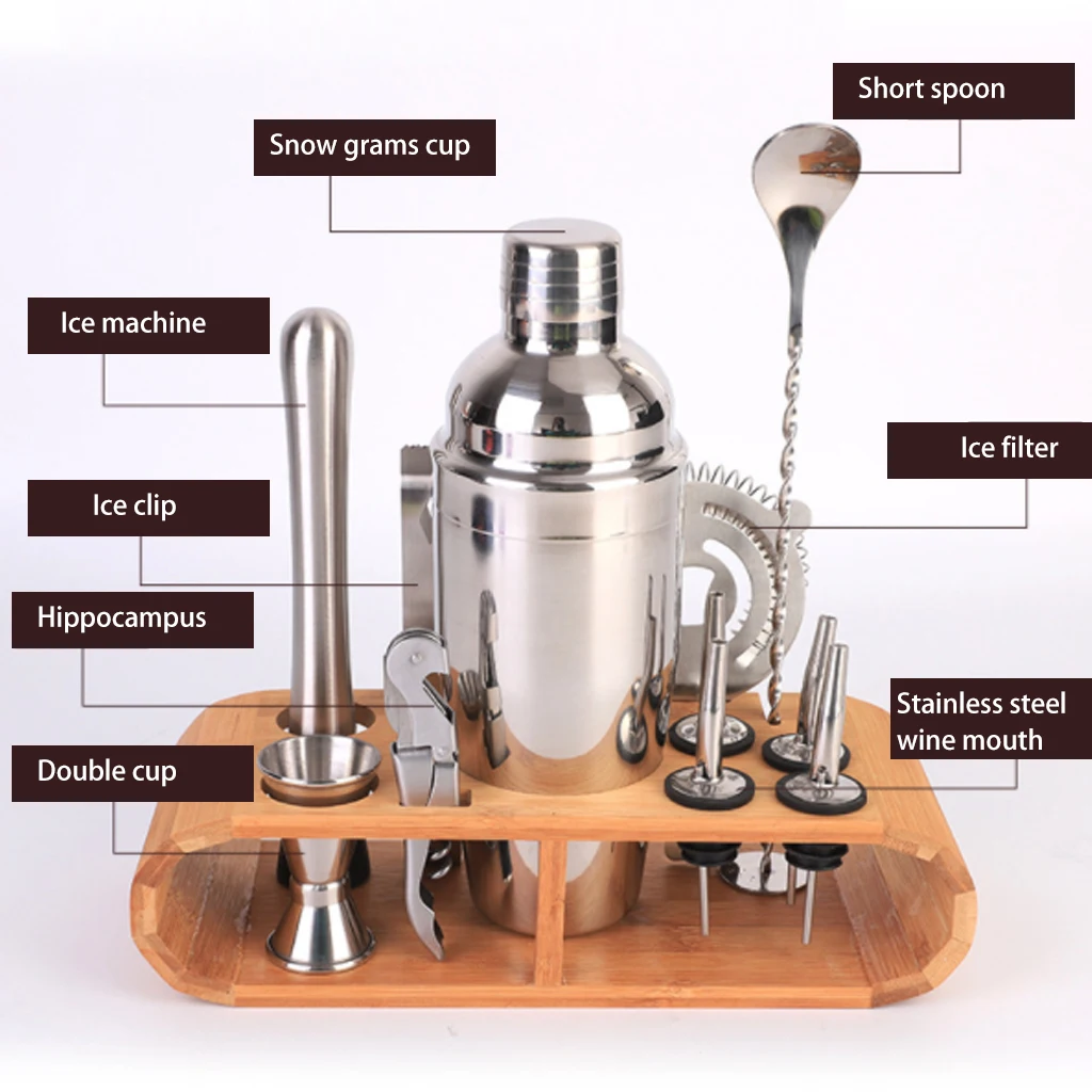 Koop 8 Pc 12 Pcs Cocktail Shaker Barman Kit Rvs Wijn Drinken Mixer Bartending Tool Met Houten Standaard Voor thuis Bar Party