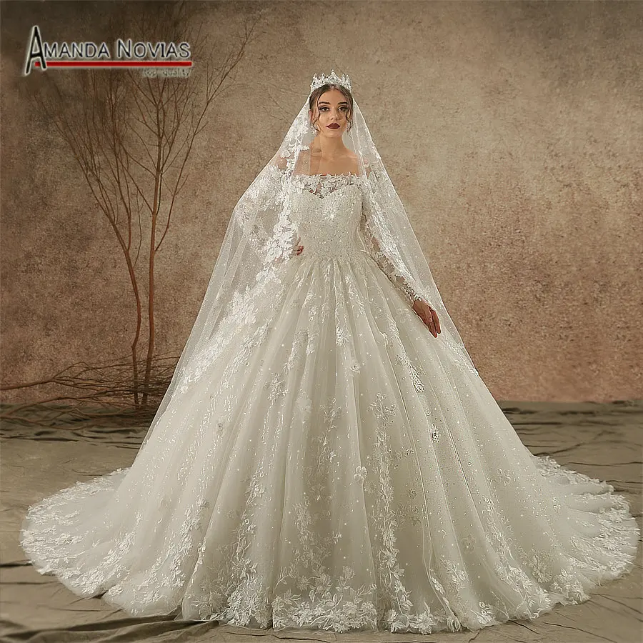 

Luxury New Model 2019 Off Shoulder Long Sleeve vestido de noiva Wedding Dress NS3442 veil not included