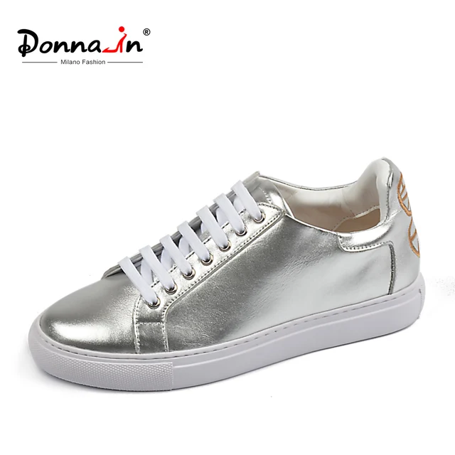 Donna-in/туфли на плоской подошве, женские кроссовки, белые, серебряные, натуральная кожа, низкий каблук, шнуровка, круглый носок, повседневная женская обувь высокого качества