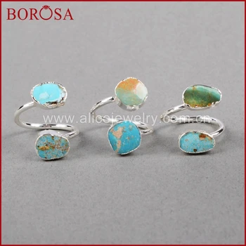

BOROSA 5/10PCS Vintage 100% Natural Blue Stone Ring, Silver Color Natural Turquoises Rings Adjustable Rings Druzy Jewelry S0183