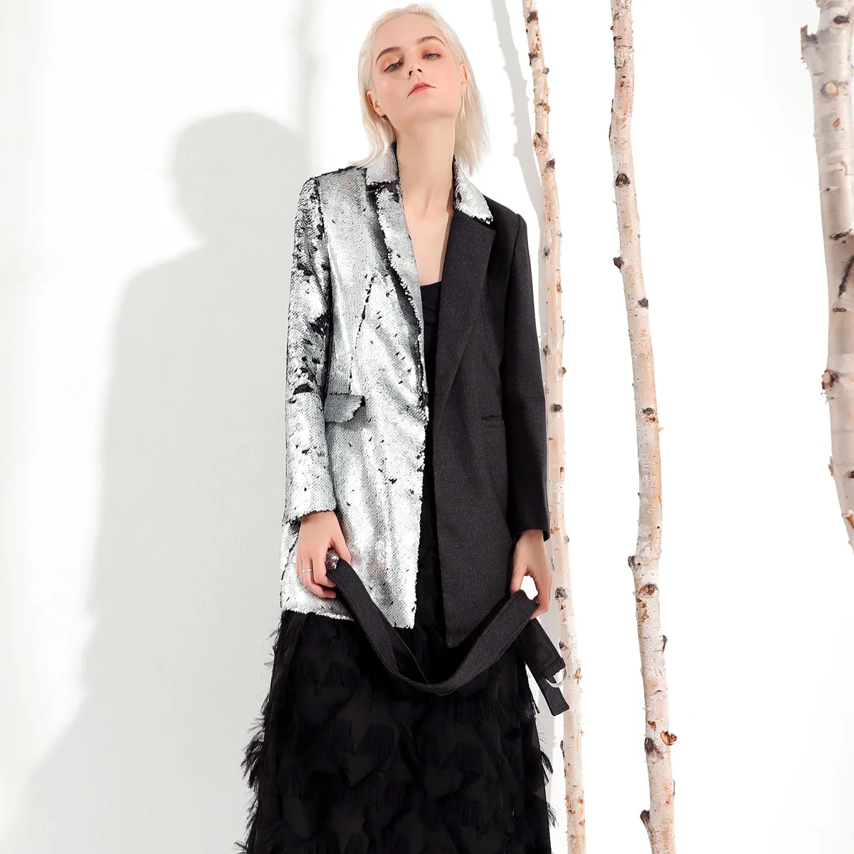 Дамы шоу костюм high street двухцветный блестки персонализированные костюм с вышивкой воротник длинный Костюмный пиджак сшивание костюм с пайетками