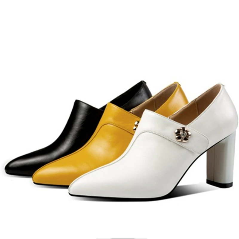 Ouqinvshen Genuine Leather Shoes Women Heels Fashion Sewing Rivet Zipper Thick Heels Yellow Heels Pointed Toe Sexy Ladies Pumps Ouqinvshen Genuine Leather Shoes Women Heels Fashion Sewing Rivet Zipper Thick Heels Yellow Heels Pointed Toe Sexy Ladies Pumps