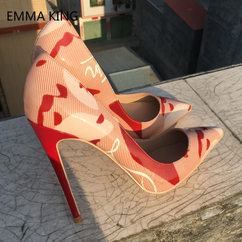 

Pink Patent Leather Prints Pumps Women Shoes Stiletto High Heels 12cm Graffiti Striped Thin Heel Shoes Party Wedding Big Size 43
