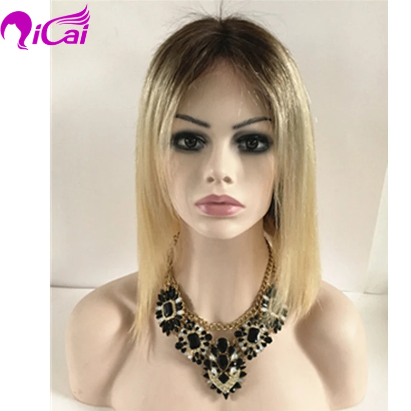 

Blonde Front Lace Wig Brazilian Virgin Hair Nature Hairline With Baby Hair Straight Bob Ombre 2 Tone 1B Blonde 613 Full Lace Wig