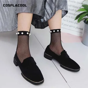 

[COSPLACOOL]Europea Style Pearl Handmade Harajuku Sexy Fishnet Socks Women Mesh Beautiful Girl Meias Hollow Short Sokken 2 Color