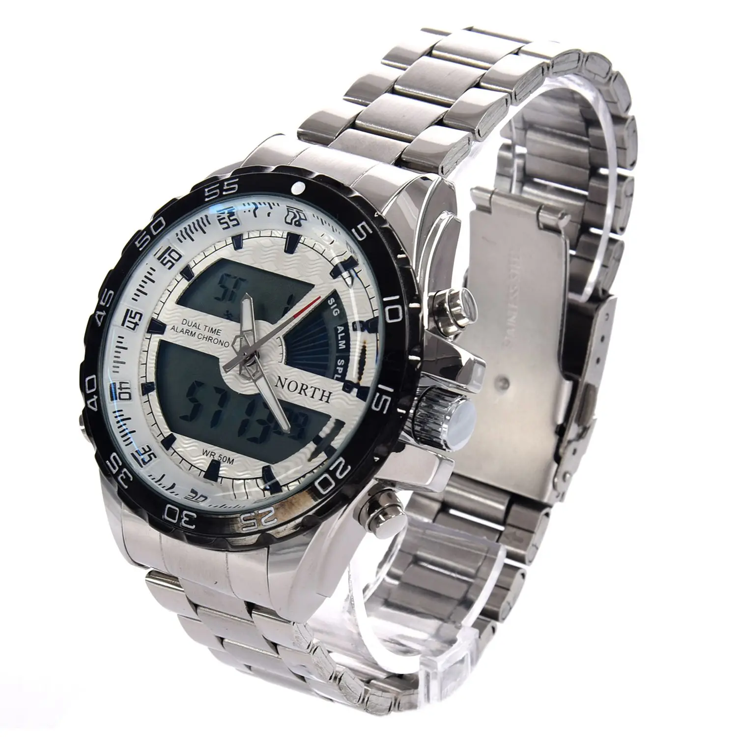 

North Brand Watch Men Luxury Sport Wrist watch Digital Quartz LED Double Movement Watch Diving Male Stainless Steel Clock 6016