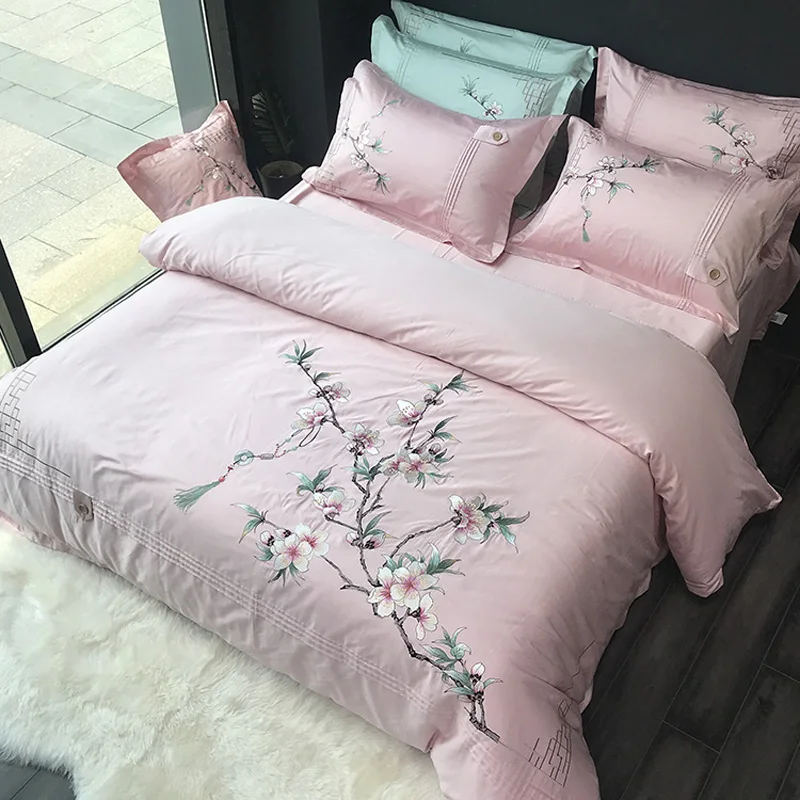 Китайский стиль хлопок розовый шлифовальный набор постельного белья с цветочным принтом простынь с вышивкой пододеяльник наволочка Королева Король 4 шт