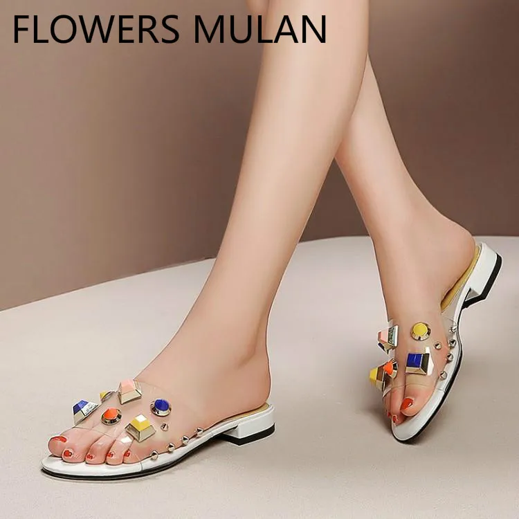 

Multi Color Rivets Transparent PVC Upper Slippers Women One Buckle Peep Toe Slip On Female Slides Chunky Heels Zapatos De Mujer
