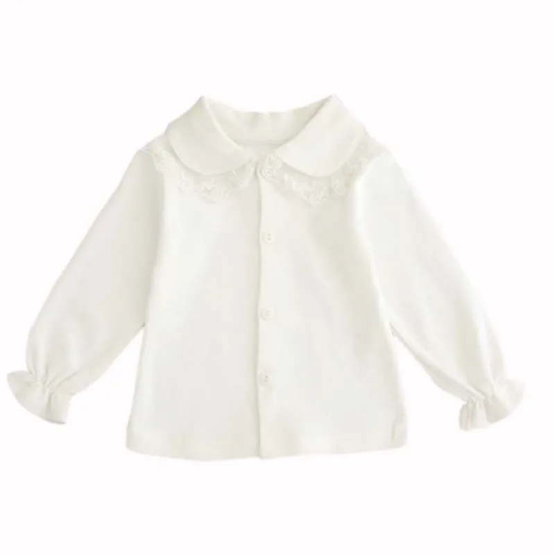 Милая Кружевная блуза с длинными рукавами и отложным воротником для маленьких девочек от 0 до 24 месяцев рубашка на пуговицах детская одежда для девочек