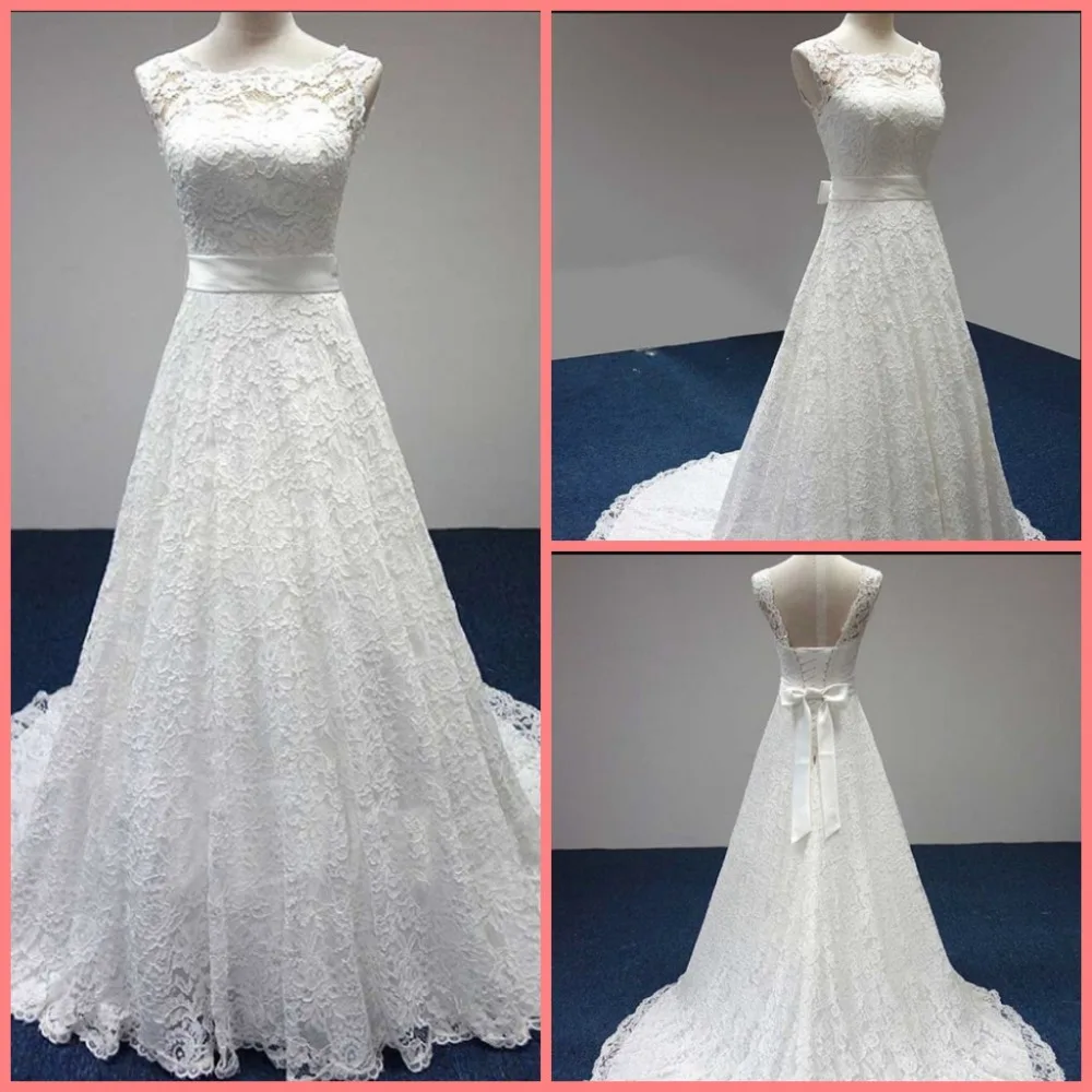 

2019 free shipping a line white lace real picture formal wedding dress sleeveless sheer back corset elegant long wedding gowns
