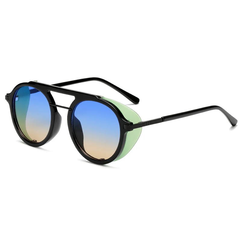 LongKeeper двойные балки женские солнцезащитные очки в стиле стимпанк Для мужчин круглые металлические щиты, солнцезащитные очки для вождения UV400 LS1912 - Цвет линз: blue yellow lens