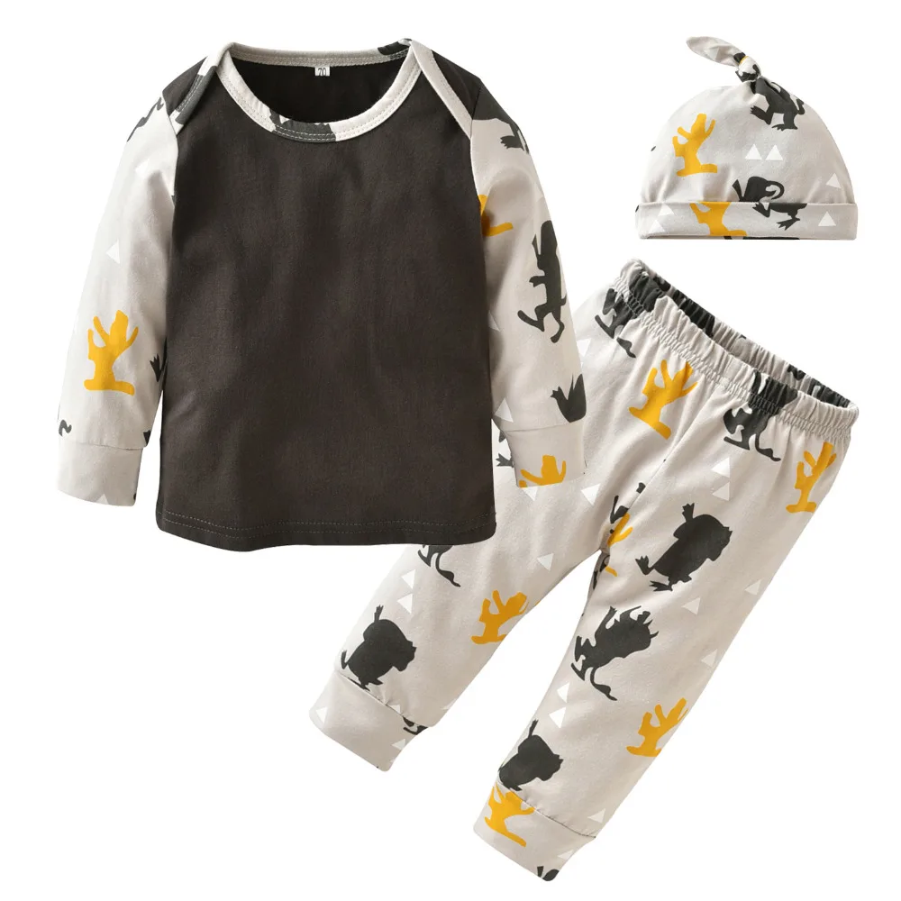 

2018 New Fashion Newborn Baby Boy Clothes Long sleeves Cartoon Monster Patchwork Top+Pants+Hat Infant Baby Girl Clothing Set