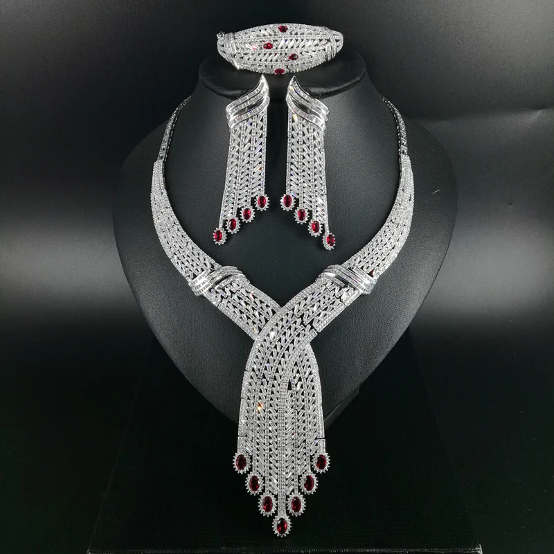 

NEW FASHION luxury long vintage red CZ zircon necklace earring bracelet ring set wedding banquet dinner dressing jewelry set