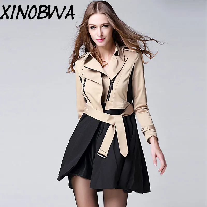 

Hot Europe New Women Spring Turn Down Collar Sashes Ruffles Zip A-Line Patchwork Long Trench Coat Ladies Personality Windbreaker