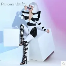 Сценические костюмы для бара, ночного клуба, певицы, диджея, танцевальная команда, атмосферная черно-белая эластичность, сценическая сексуальная одежда, боди