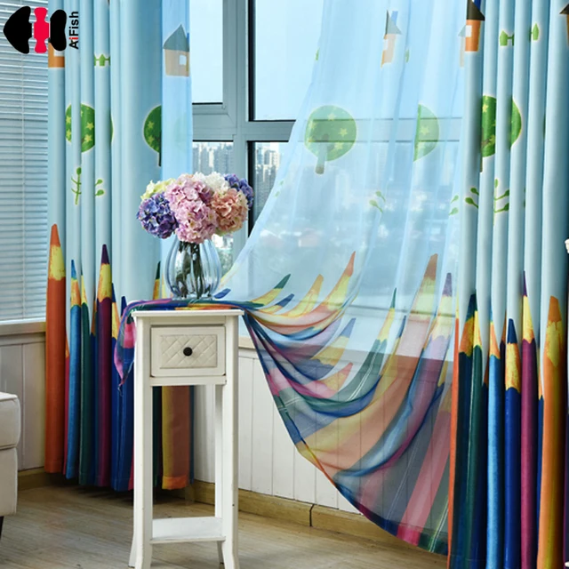 Curtains Pencil Pleat Printed Baby Curtains for Children Room Nursery Shade Cloth Sheer blackout