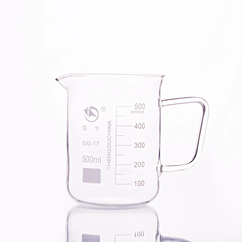 

With handle beaker in low form,Capacity 500ml,Outer diameter=89mm,Height=120mm,Laboratory beaker with handle