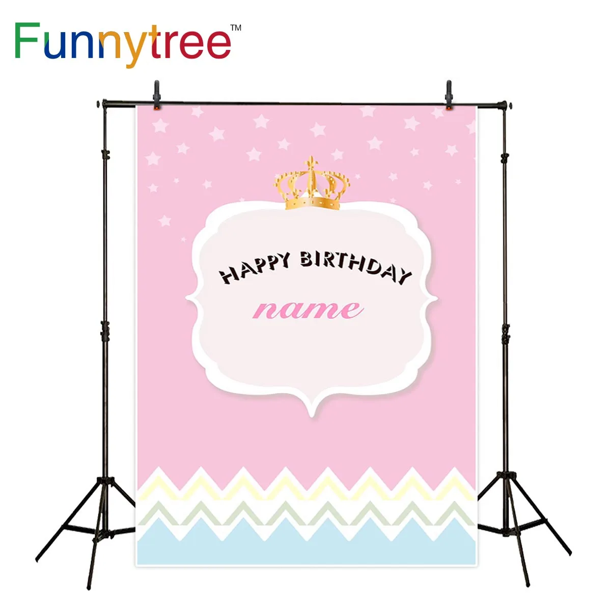 Funnytree photocall photography pink stars crown Wave pattern frame Custom name baby child girl birthday backdrops background |