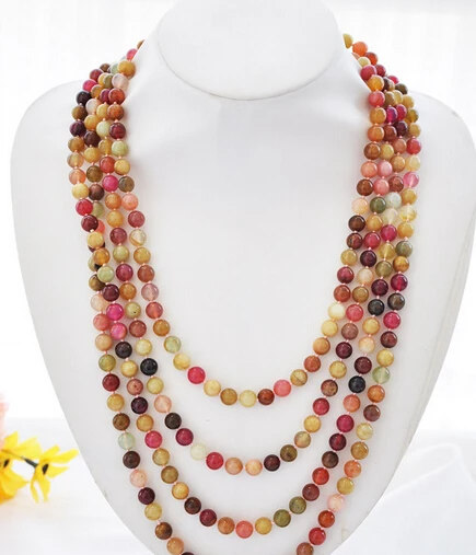 

0002724 Long 100" 8mm round red yellow purple jade bead necklace