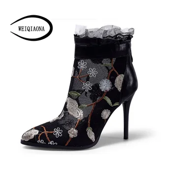 

WEIQIAONA 2018 New Fashion Women shoes Casual Embroider High Heels Leather Mesh Sandals Back Zipper Open Toe Sandals boot