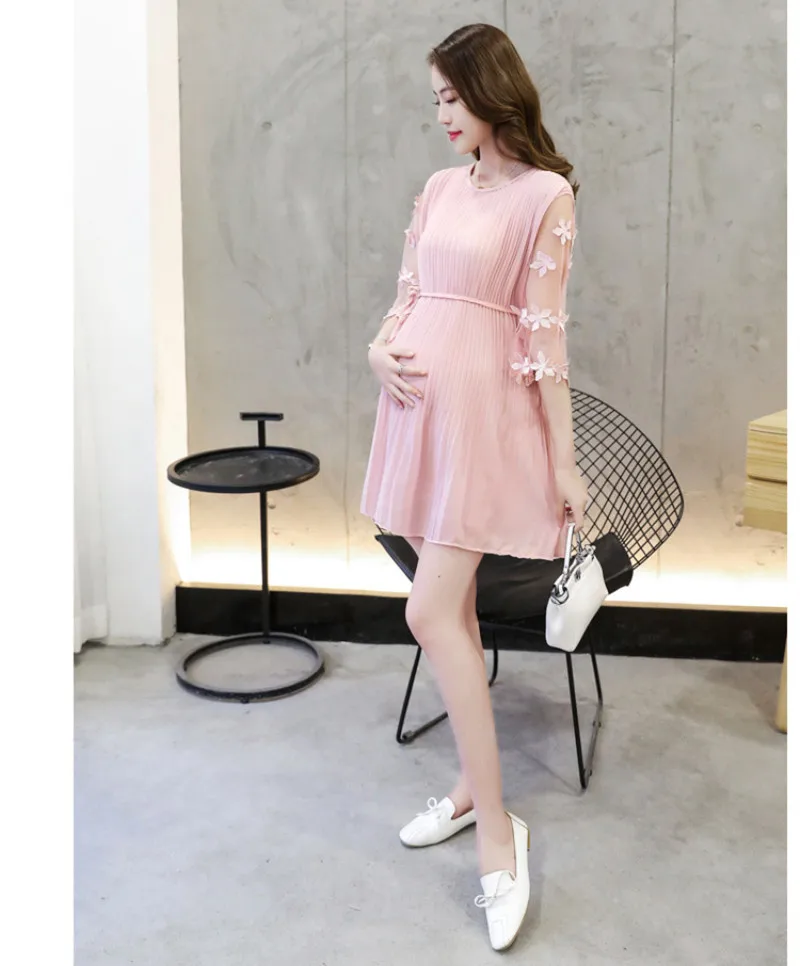 Maternity Women Chiffon Sheer Pleated Dress 3D Flower Half Sleeve Chic Cute Pregnancy Tops Summer Style Pink Black Gray Dress  (11)