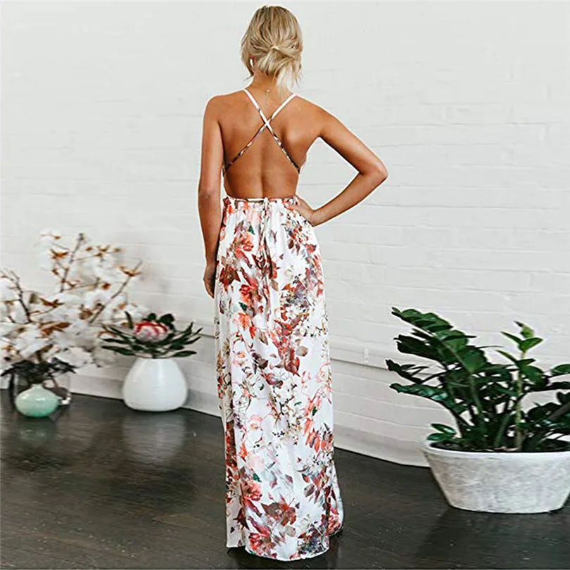 Women Beach Bohemian Summer V-Neck Printed Sleeveless Long Dress 2019 New Lace Up Split Swing Maxi Dress #E03 (3)