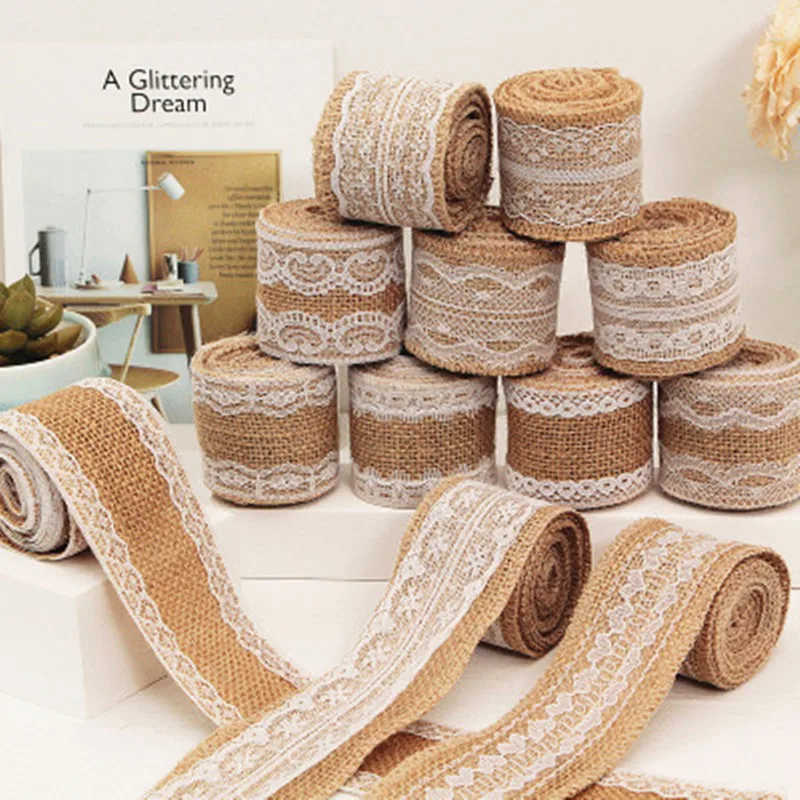 2Meter/Pcs Width 5cm Jute Burlap Rolls Hessian Ribbon With Lace Vintage Rustic Wedding Decoration Ornament Favor | Дом и сад