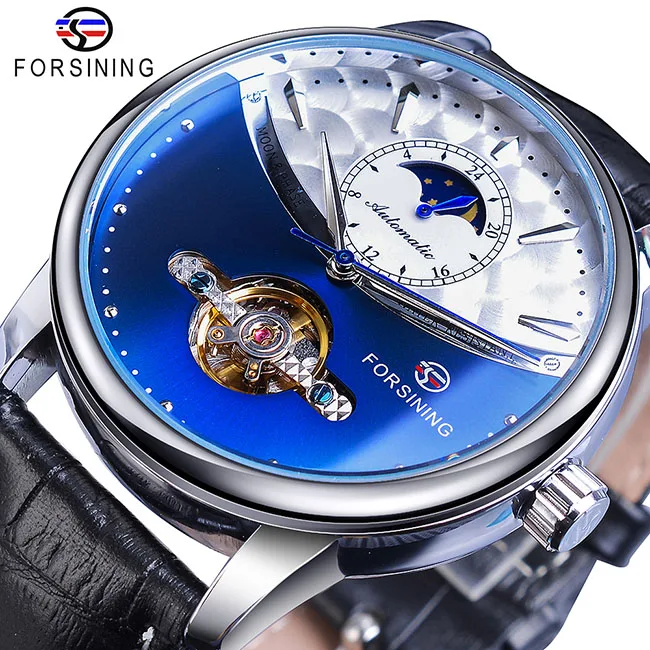 Forsining Королевский синий турбийон автоматические часы для мужчин Moonphase черный пояса из натуральной кожи механические часы Otomatik Erkek Saat - Цвет: GMT1150-10