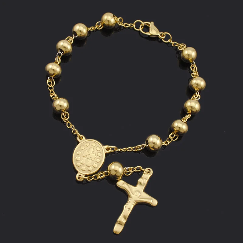

ATGO 8mm beads Stainless Steel Rosary Religious catholic Bracelets friends hand chain Jesus Croos bracelet Gift BRN20