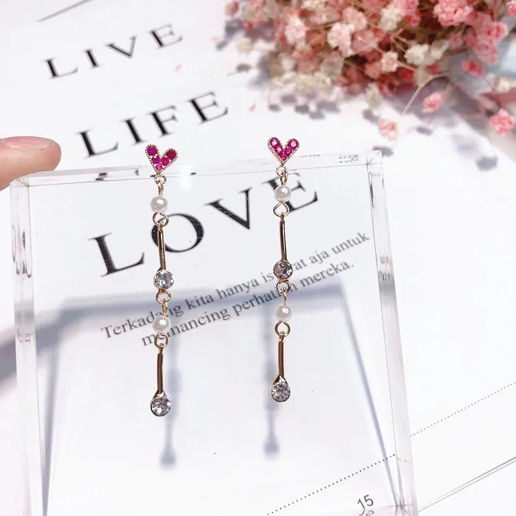 pink cz heart tassel earring 925 silver post Hypoallergenic fadeless alloy fashion jewelry dangle earrings for women gift