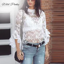 WildPinky Ruffle Lace Crop Tops and Blouse Women White Sexy Hollow Out See Through Mesh Blouse Flare Long Sleeve Shirt Blusas ruffle neckline and cuff blouse