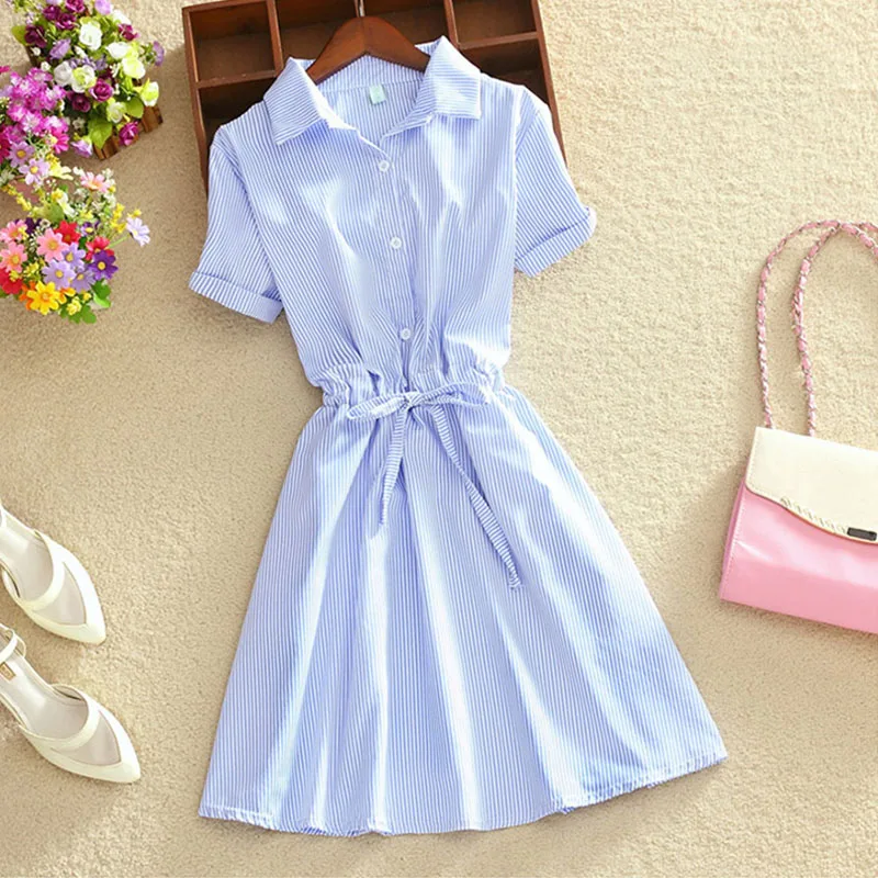 

2019 Summer Shirt Dress Blue Stripped Bow Belt Wear To Work Office Dress Shirts Elegant Women Mini Short Dresses Vestido
