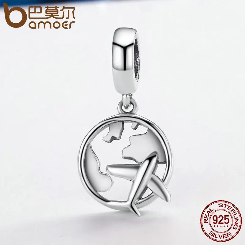 BAMOER Authentic 925 Sterling Silver Traveling Dream Map & Plane Charm Beads Fit Charm Bracelets Fashion DIY Jewelry S925 SCC242