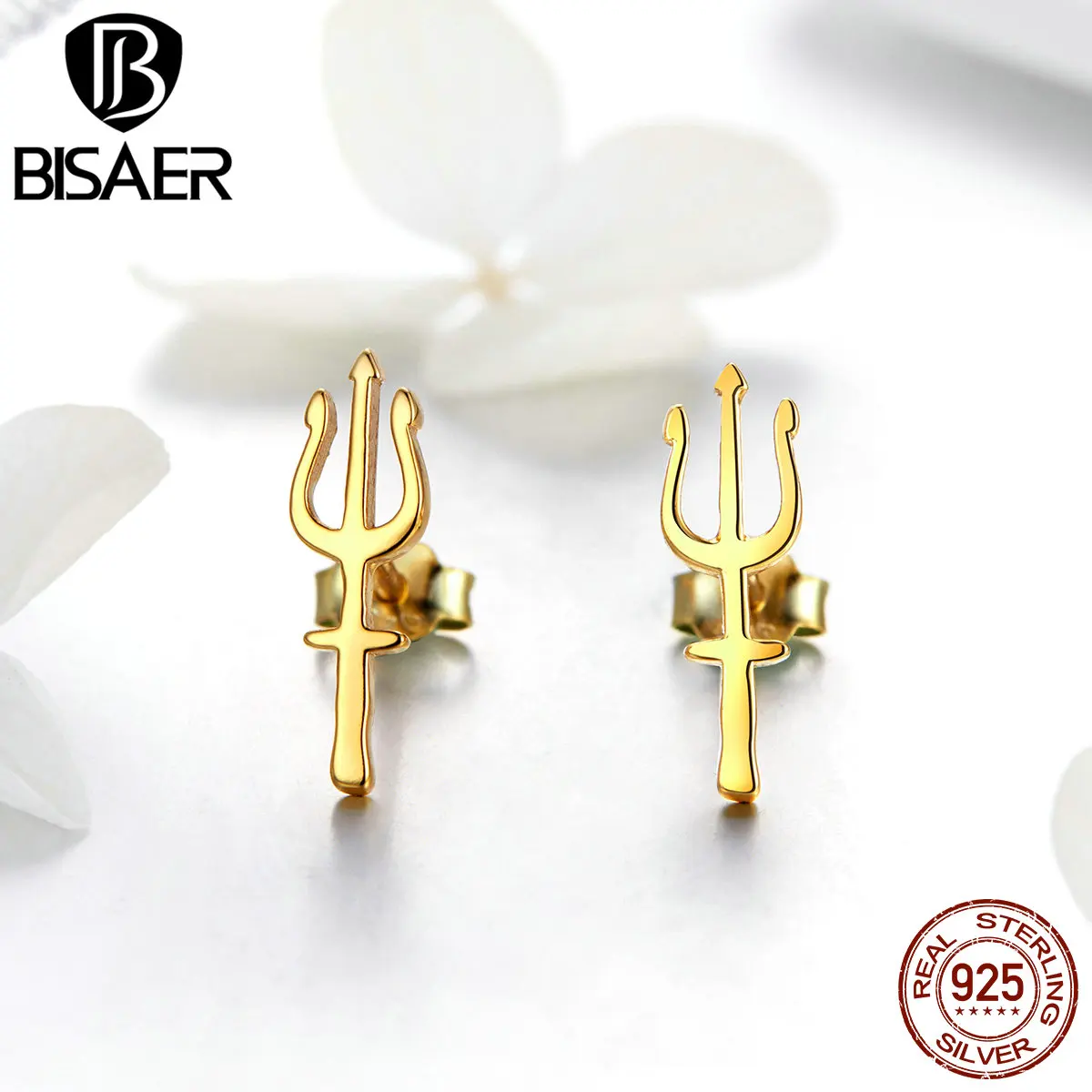 

BISAER Fashion 925 Sterling Silver AQUAMANS Trident Small Stud Earrings for Women Trident Shape Silver Jewelry Brincos ECE589