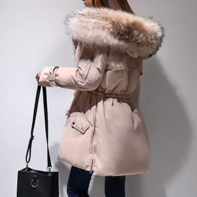 Зимнее женское пуховое пальто с меховым воротником, толстый женский розовый пуховик с воротником из искусственного енота, зимний пуховик