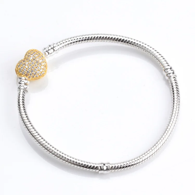 Серебряные амулеты, базовые браслеты для женщин, Золотое любовное сердце, форма, застежка, зажим, полная цепочка-змейка с кристаллами, сделай сам, бусины, Шарм DPB101