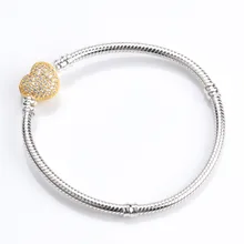 Серебряные амулеты, базовые браслеты для женщин, Золотое любовное сердце, форма, застежка, зажим, полная цепочка-змейка с кристаллами, сделай сам, бусины, Шарм DPB101