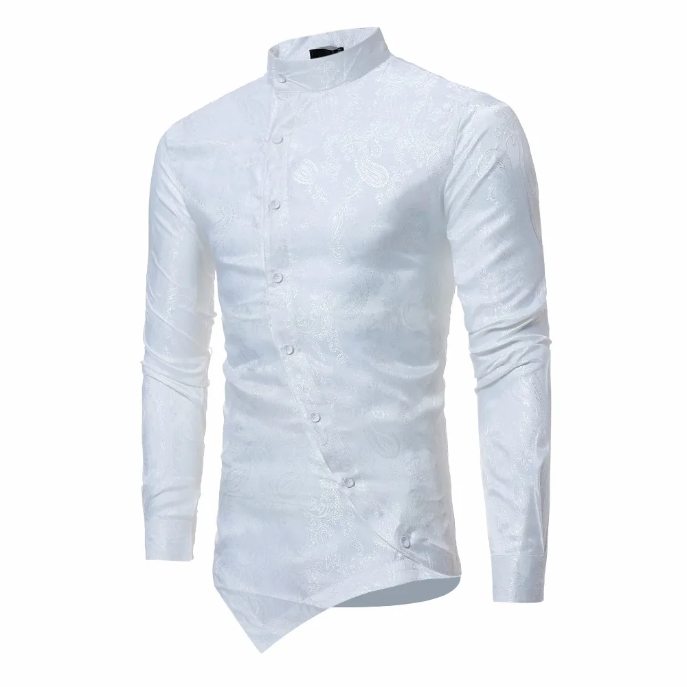 Fashion Paisley Shirt Men 2018 Personality Oblique Button Irregular Casual Dress Shirt Mens Mandarin Collar Long Sleeve Shirts