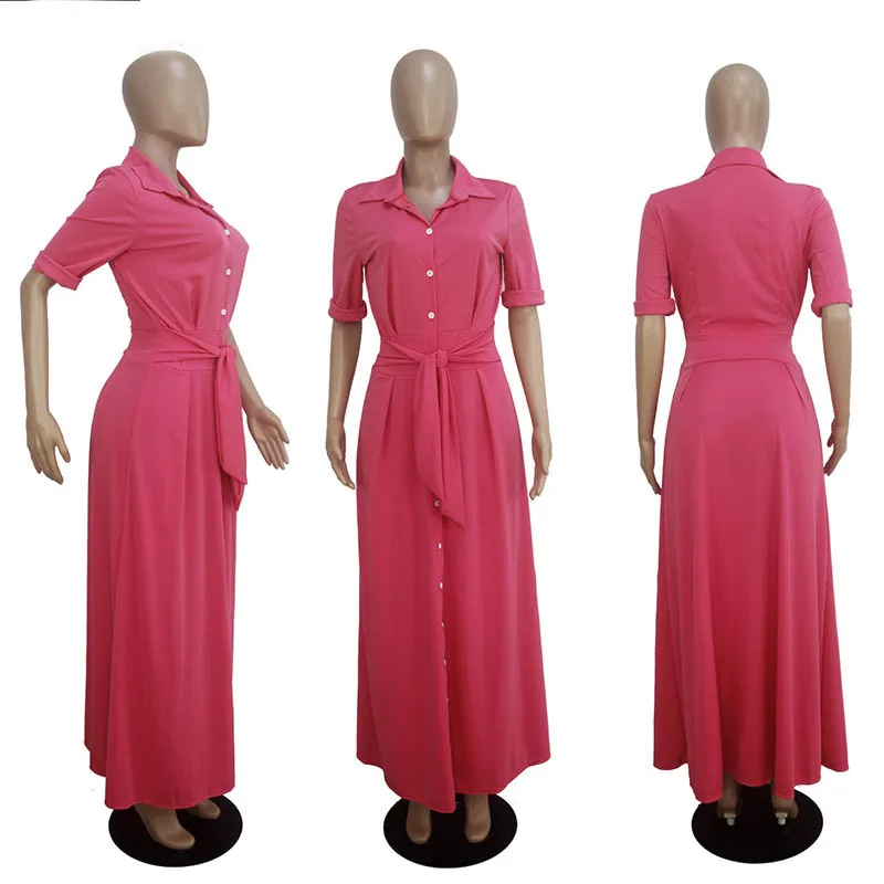 Женское однобортное платье на пуговицах с длинным рукавом и поясом, повседневное свободное платье длиной до щиколотки с отложным воротником, весеннее осеннее платье