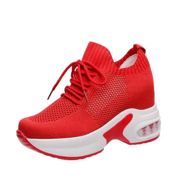 Женская повседневная обувь; сетчатые дышащие туфли на танкетке; Летние сетчатые кроссовки на каблуке 9 см; белые туфли; Zapatillas Deportivas - Цвет: red