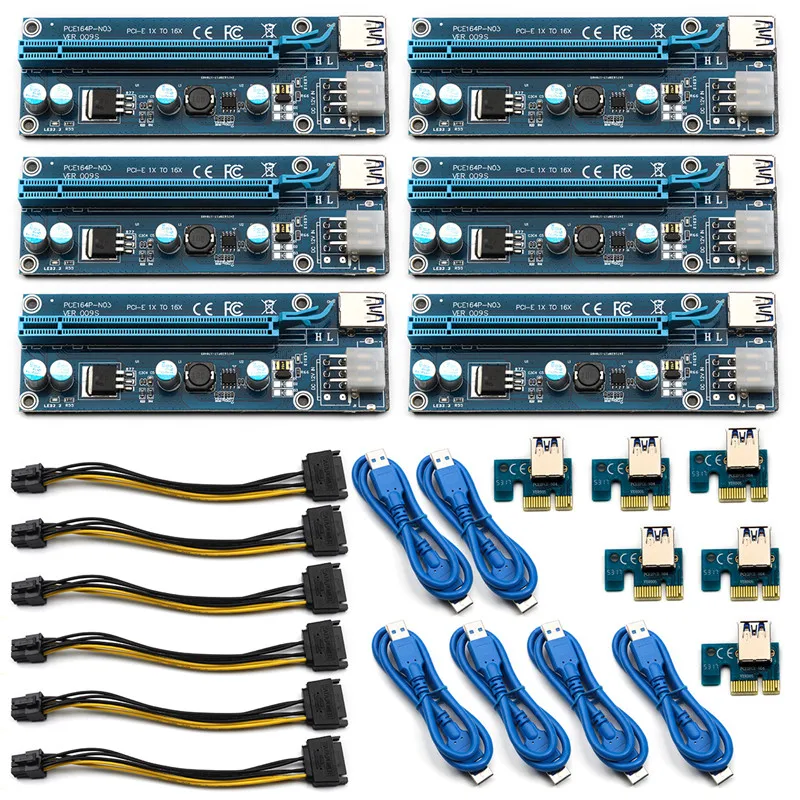 

6pcs/lot 009S PCI-e USB 3.0 Wire Miner 1x To 16x Extender Riser Card Cable Adapter With LED Light Wire Power Cable Connector Kit