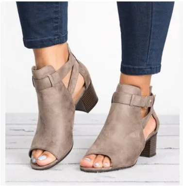 

Plus Size 34-43 Women Buckle Strap Peep Toe High Heels Summer Ankle Boots Shoes Ladies Nubuck Casual Gladiator Boots Shoes